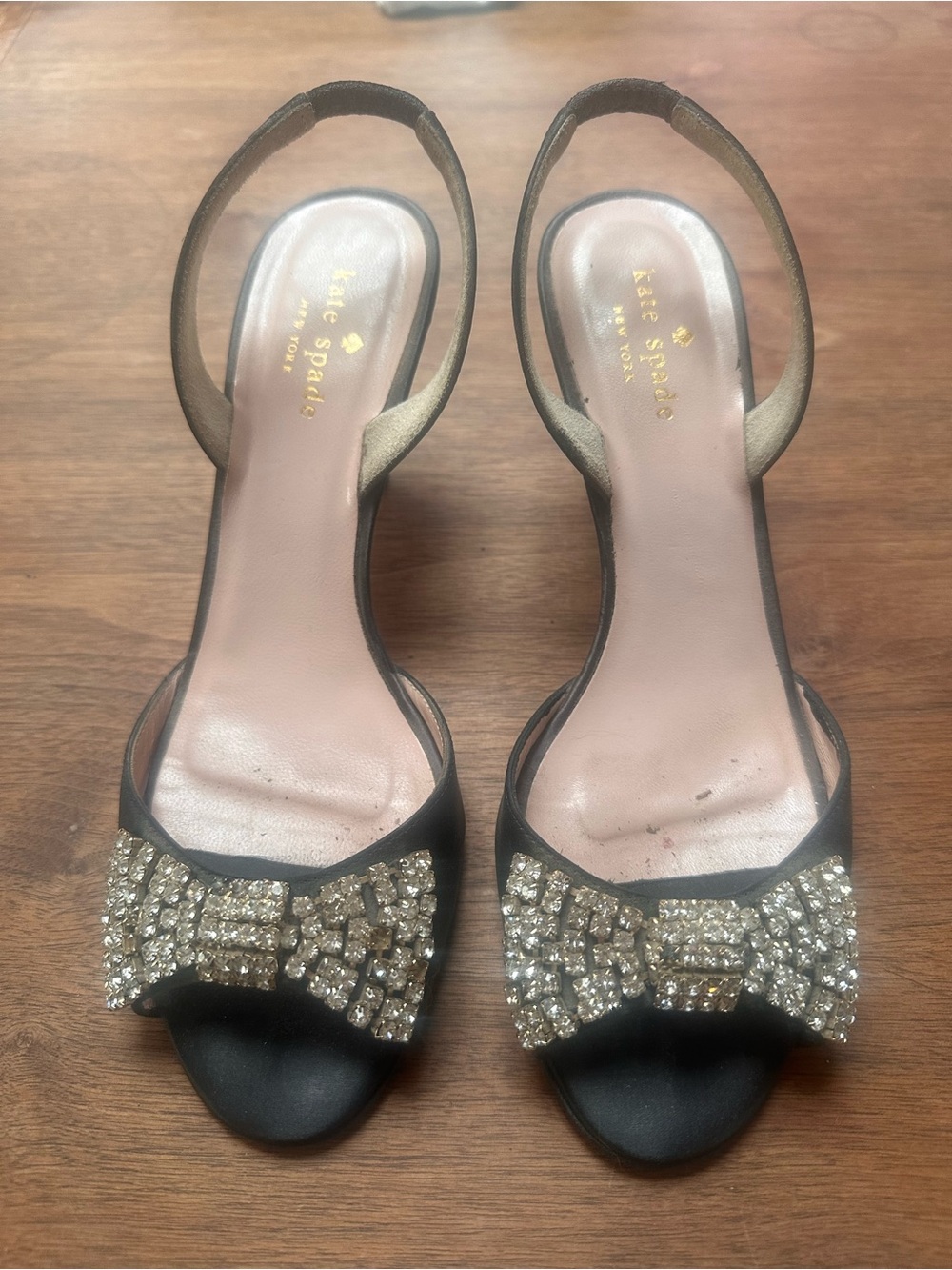 kate spade Black Slingback Miva Heels with Crystal Bow Accents